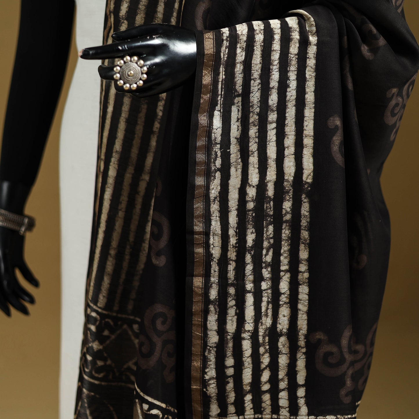 Black - Pipad Hand Block Print Natural Dyed Chanderi Silk Handloom Dupatta 04
