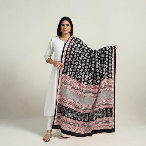 Black - Natural Dyed Hand Block Print Cotton Bagh Dupatta 01