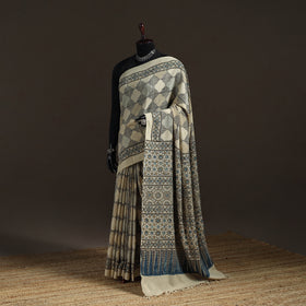 Handwoven Merino Wool Natural Dyed Hand Block Print Ajrakh Saree 01