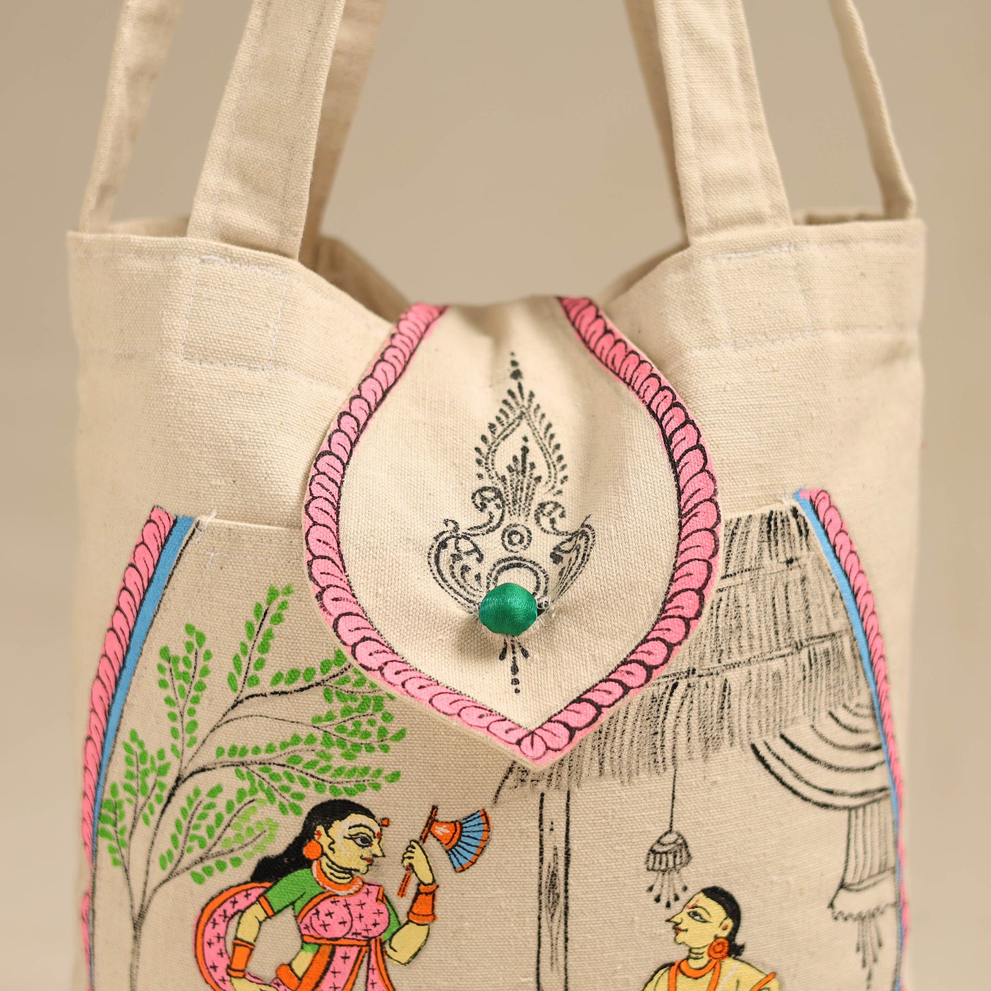 Beige - Pattachitra Handpainted Shoulder Bag from Odisha 28