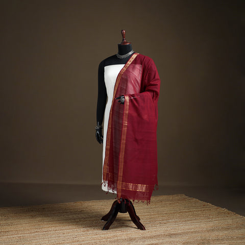 Maroon - Pure Handloom Cotton Nizam Zari Border Mangalagiri Dupatta 10