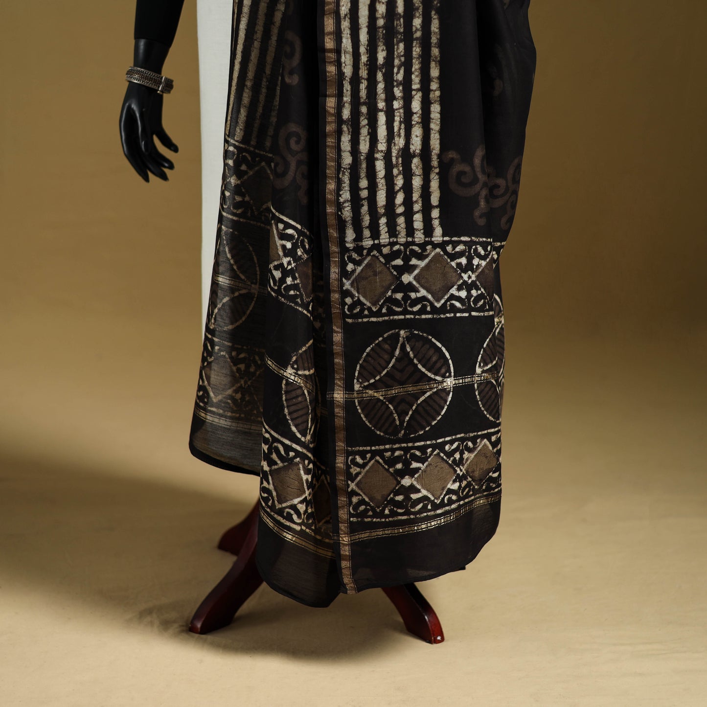 Black - Pipad Hand Block Print Natural Dyed Chanderi Silk Handloom Dupatta 04