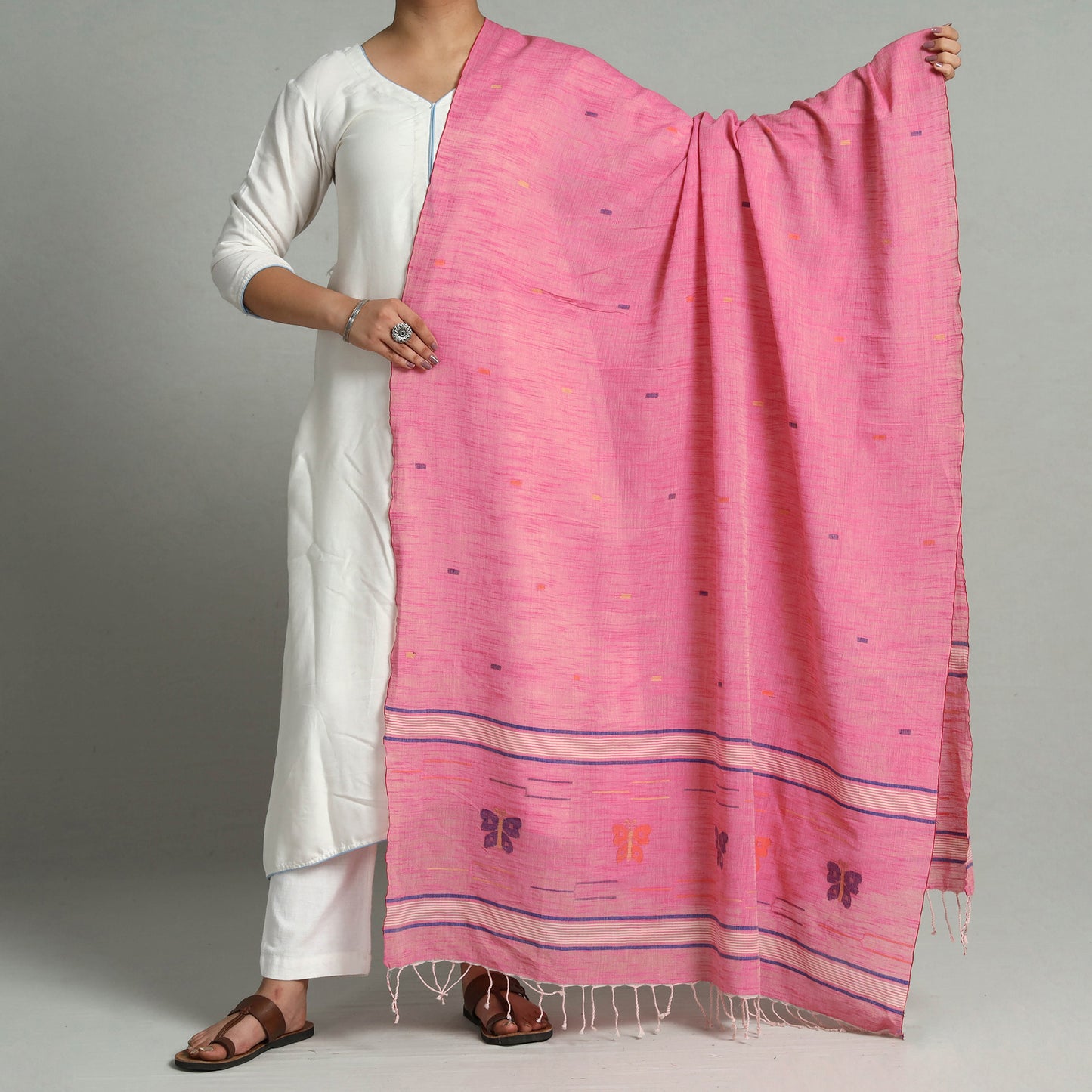 Pink - Phulia Jamdani Buti Handloom Pure Cotton Dupatta