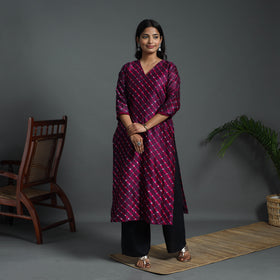 Purple Straight Handloom Chanderi Silk Tie-Dye Leheriya Kurta