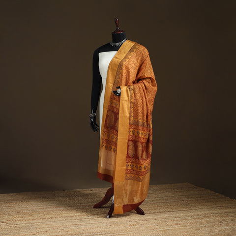 Orange - Bagh Hand Block Print Natural Dyed Tissue Zari Chanderi Silk Dupatta 12