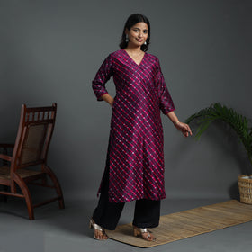 Purple Straight Handloom Chanderi Silk Tie-Dye Leheriya Kurta