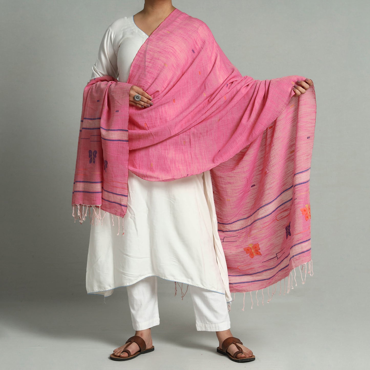 Pink - Phulia Jamdani Buti Handloom Pure Cotton Dupatta