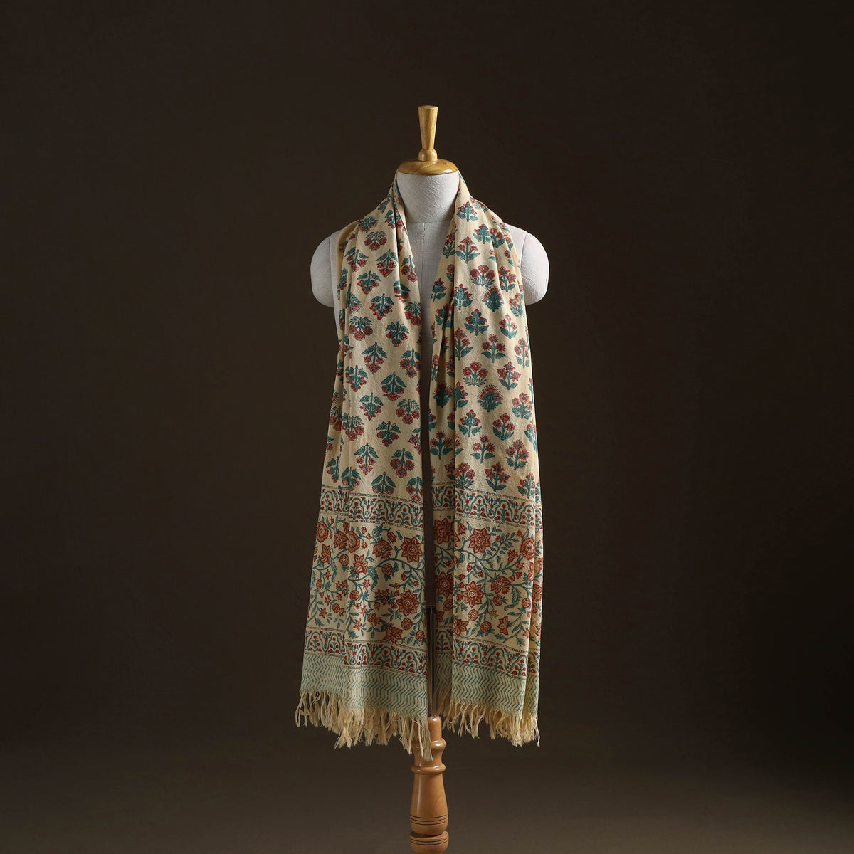 Floral Sanganeri Print Pure Merino Wool Handwoven Shawl 75