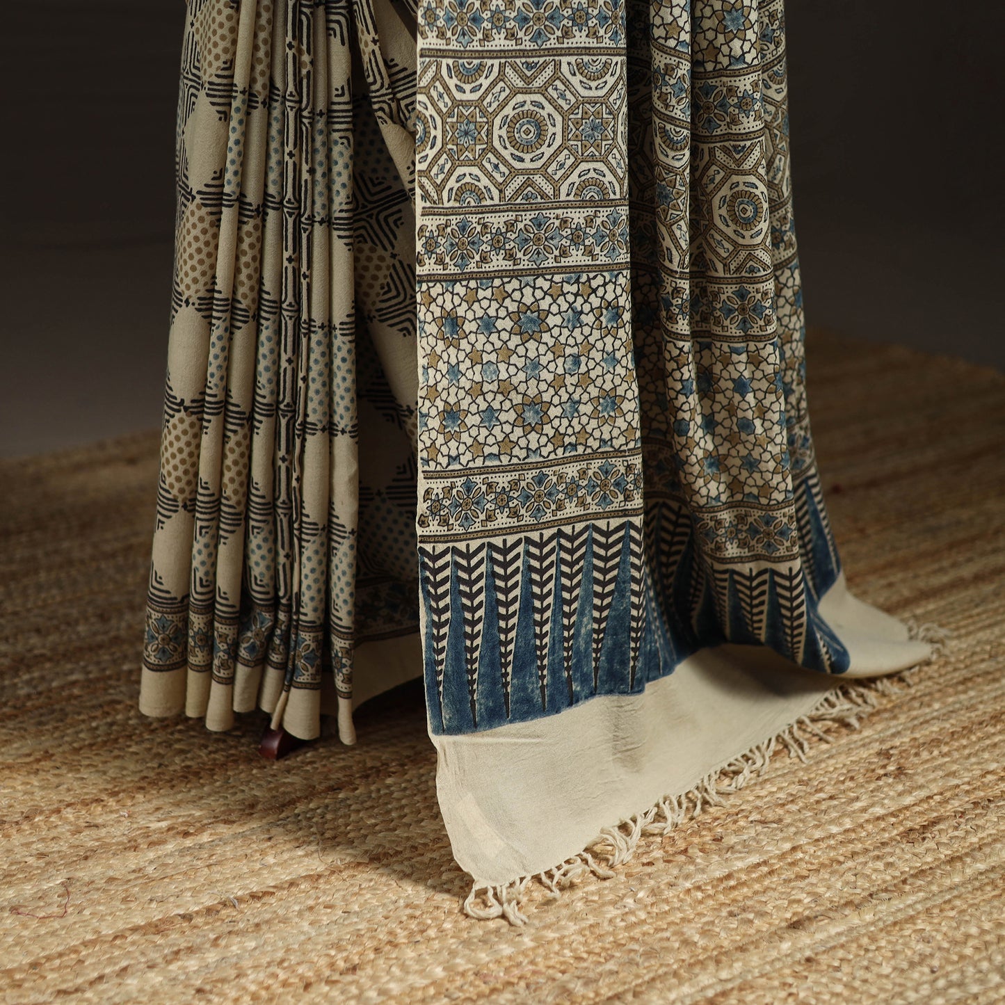 Handwoven Merino Wool Natural Dyed Hand Block Print Ajrakh Saree 01