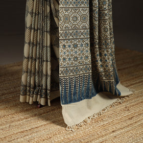 Handwoven Merino Wool Natural Dyed Hand Block Print Ajrakh Saree 01