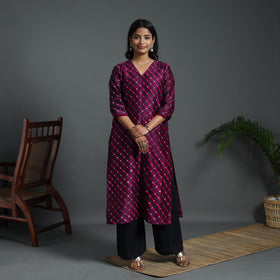 Purple Straight Handloom Chanderi Silk Tie-Dye Leheriya Kurta
