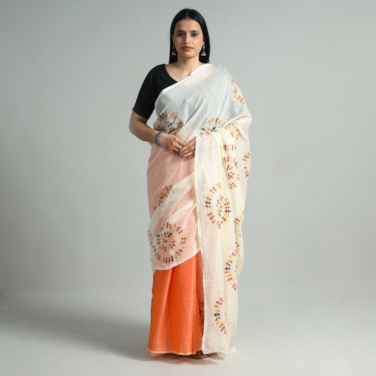 Peach - Bengal Kantha Hand Embroidery Tussar Silk Handloom Saree 95
