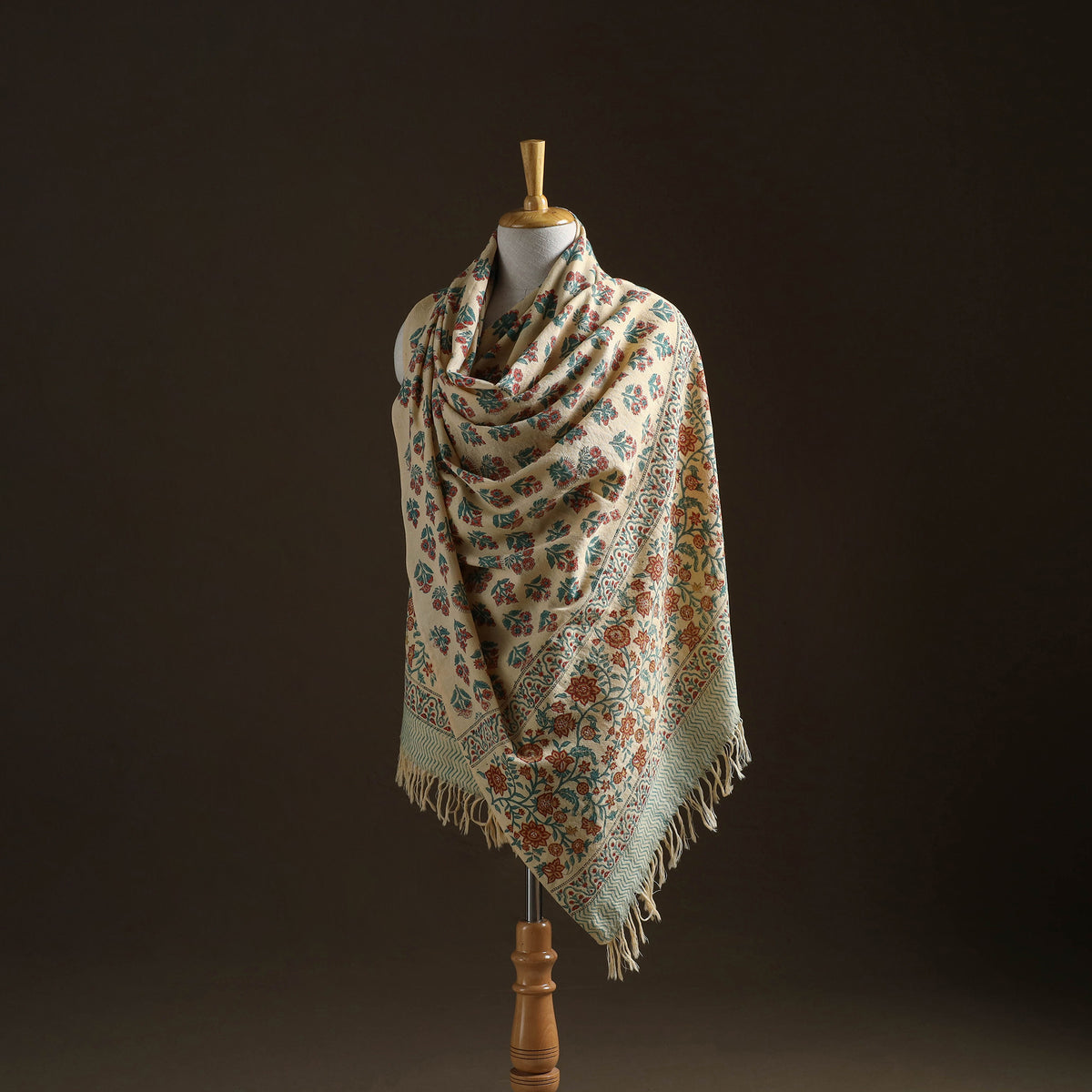 Floral Sanganeri Print Pure Merino Wool Handwoven Shawl 75