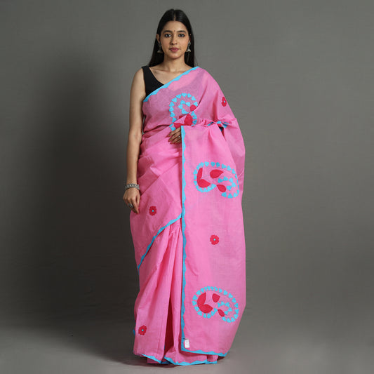 Pink - Applique Patti Kaam Pure Cotton Saree from Rampur 24