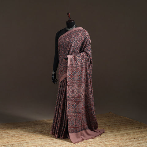 Handwoven Merino Wool Natural Dyed Hand Block Print Ajrakh Saree 02