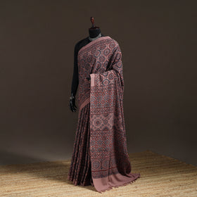 Brown - Handwoven Merino Wool Natural Dyed Hand Block Print Ajrakh Saree 02