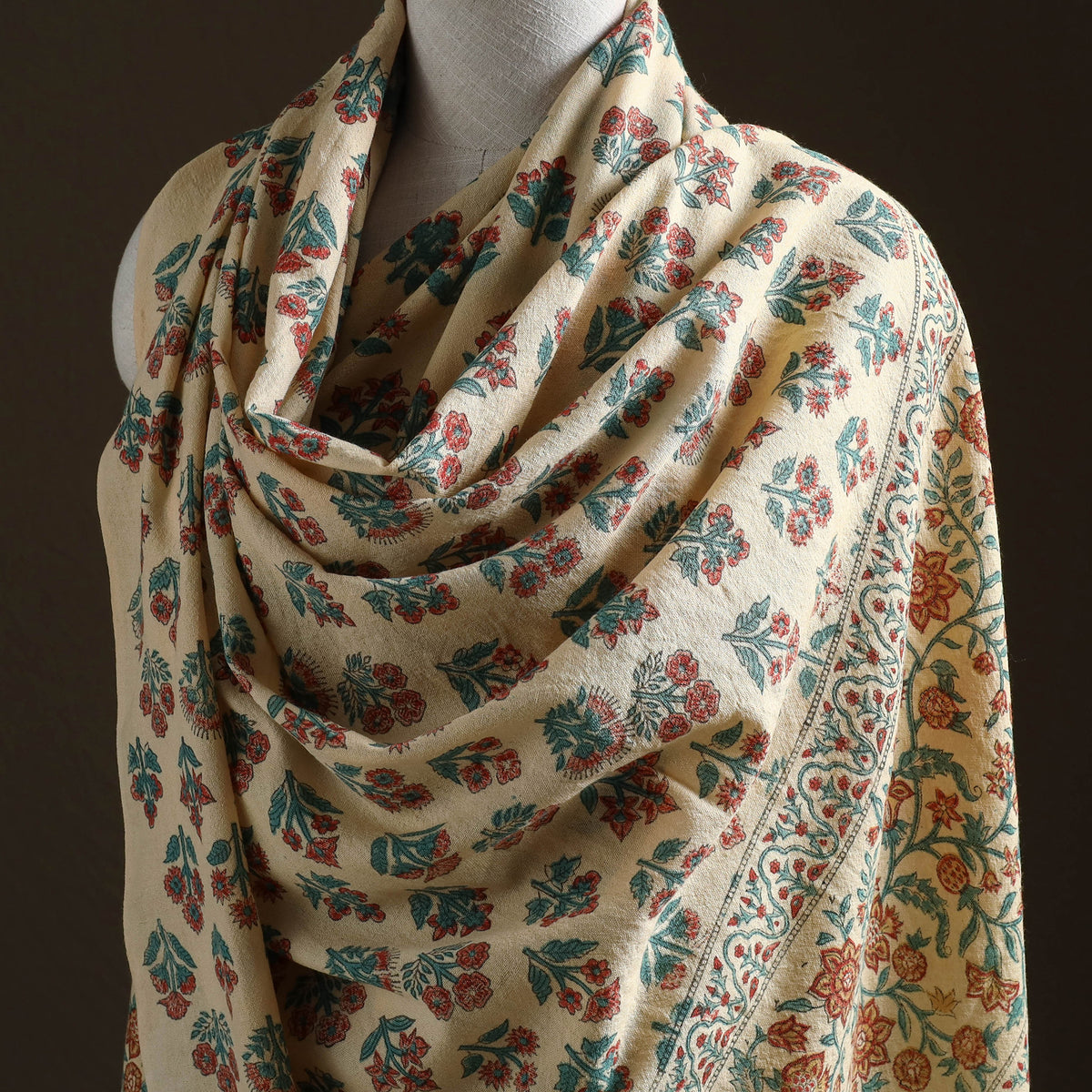 Floral Sanganeri Print Pure Merino Wool Handwoven Shawl 75