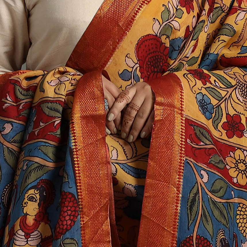 Yellow - Chanderi Silk Srikalahasti Handpainted Pen Kalamkari Dupatta 01