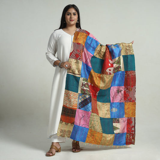 Multicolor - Bengal Kantha Embroidery Patchwork Reversible Silk Dupatta 19