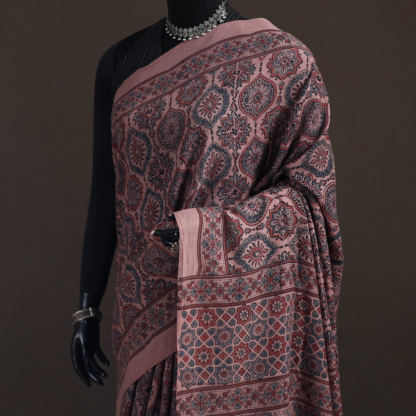 Brown - Handwoven Merino Wool Natural Dyed Hand Block Print Ajrakh Saree 02