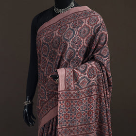 Brown - Handwoven Merino Wool Natural Dyed Hand Block Print Ajrakh Saree 02