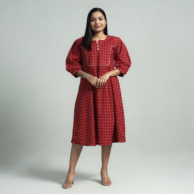 Red - Maroon - Pochampally Double Ikat Cotton Flared Dress
