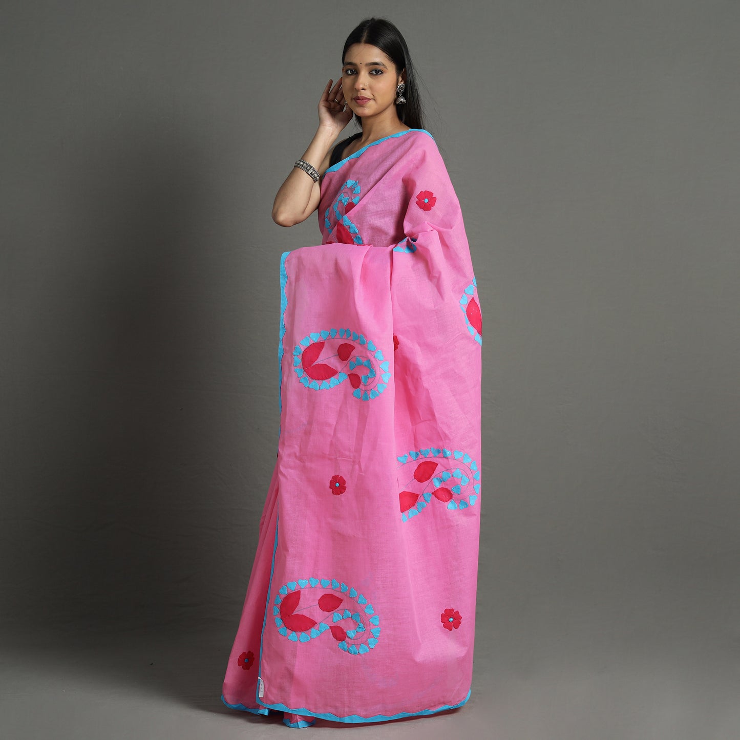 Pink - Applique Patti Kaam Pure Cotton Saree from Rampur 24
