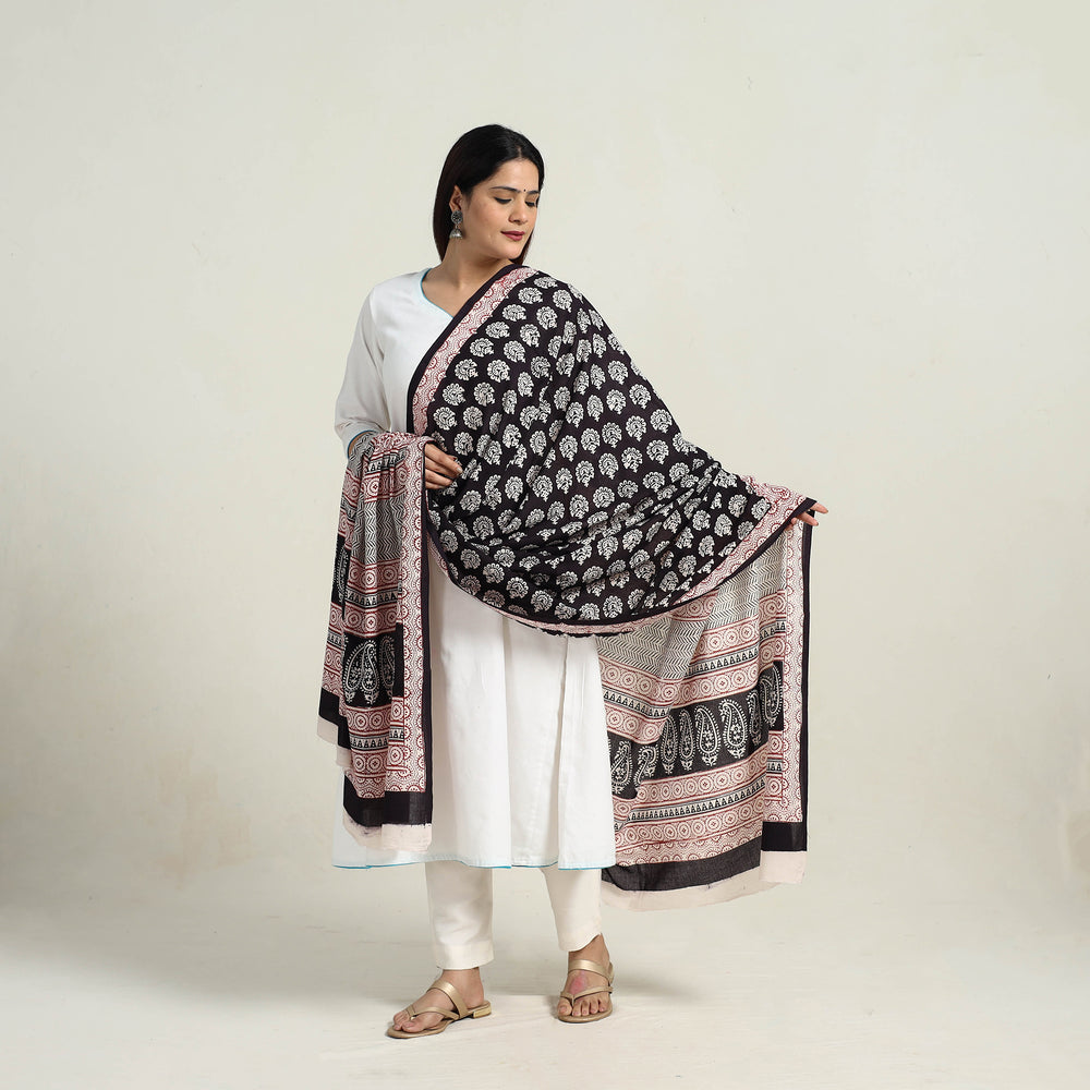 Black - Natural Dyed Hand Block Print Cotton Bagh Dupatta 01