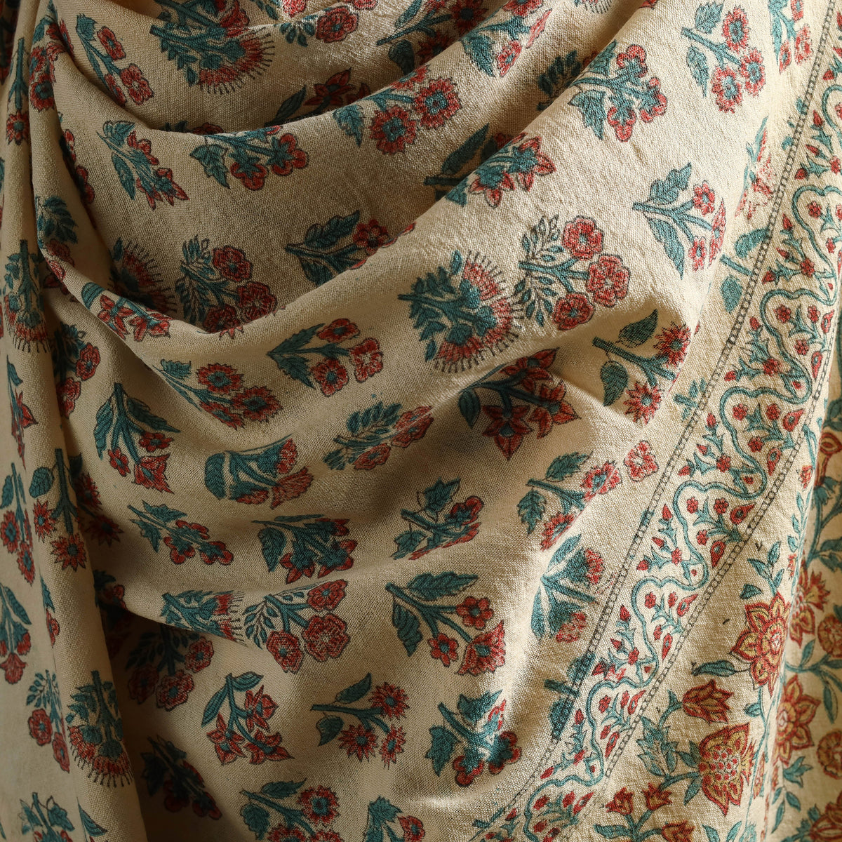 Floral Sanganeri Print Pure Merino Wool Handwoven Shawl 75