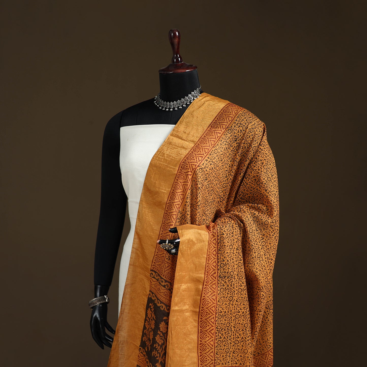 Bagh Hand Block Print Natural Dyed Tissue Zari Chanderi Silk Dupatta 13
