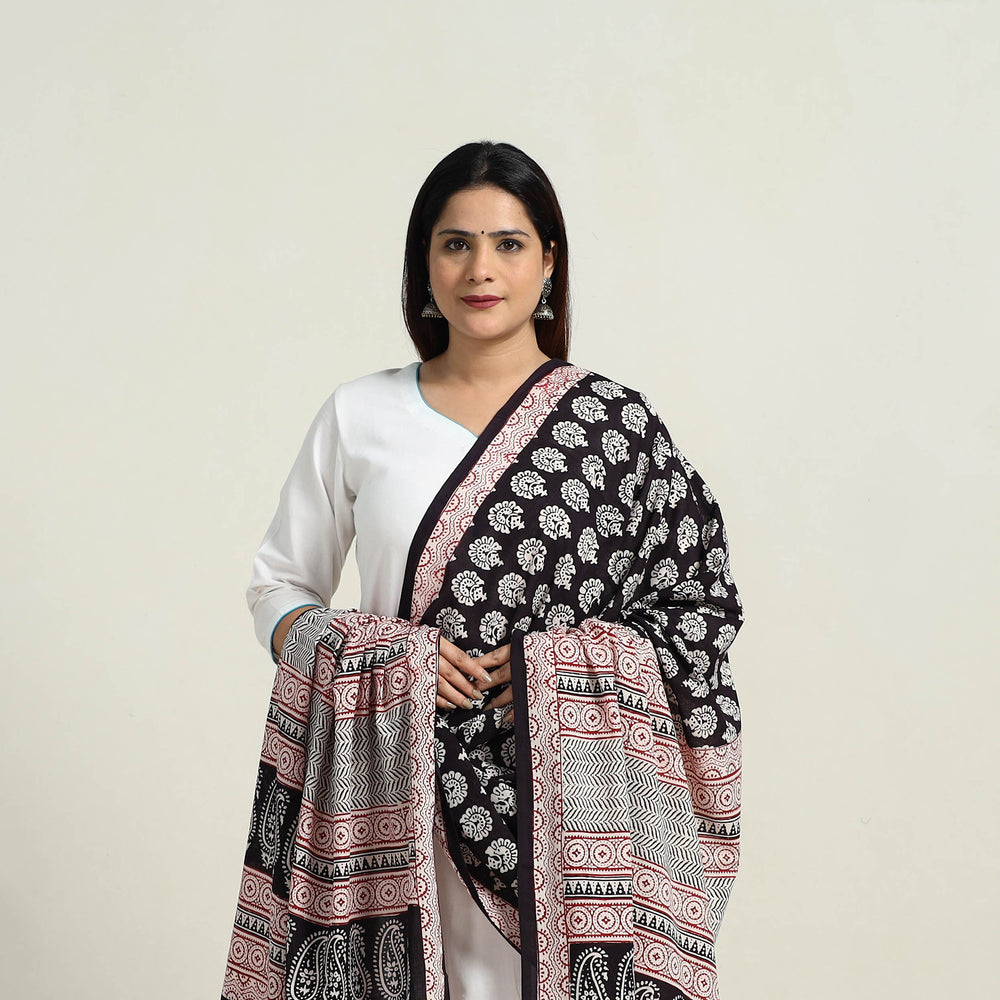 Black - Natural Dyed Hand Block Print Cotton Bagh Dupatta 01