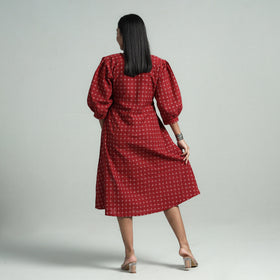 Red - Maroon - Pochampally Double Ikat Cotton Flared Dress