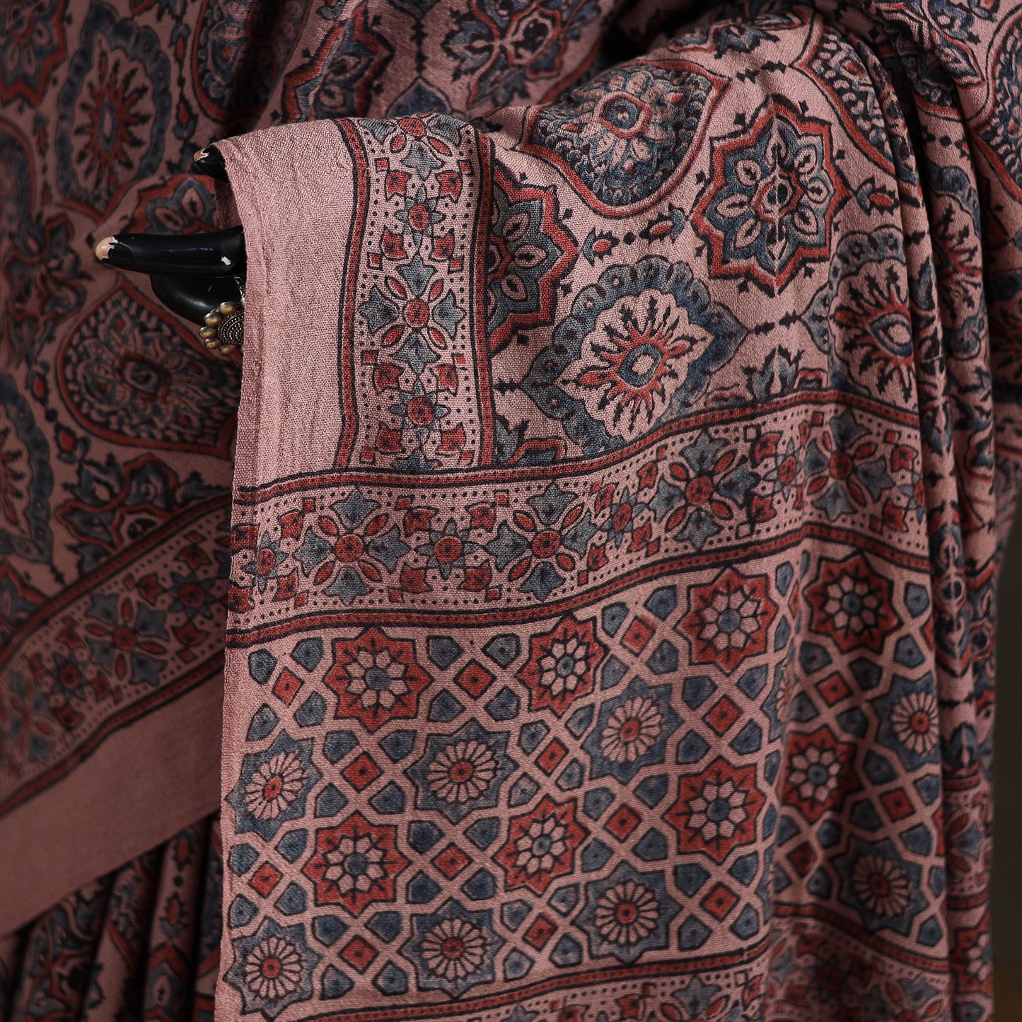 Brown - Handwoven Merino Wool Natural Dyed Hand Block Print Ajrakh Saree 02