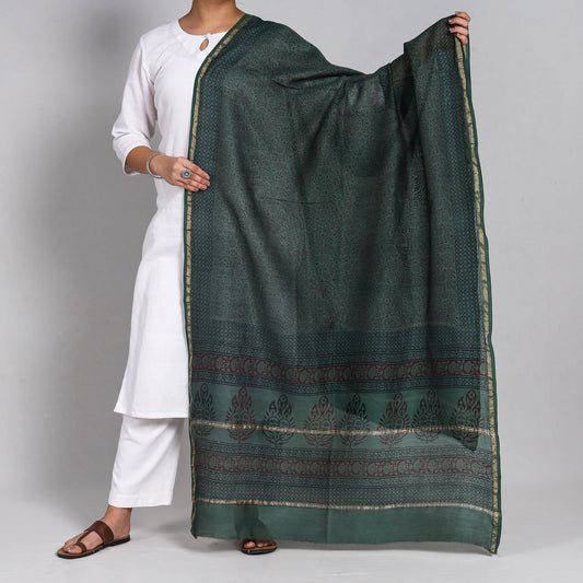 Green - Bagh Block Printed Chanderi Silk Handloom Dupatta