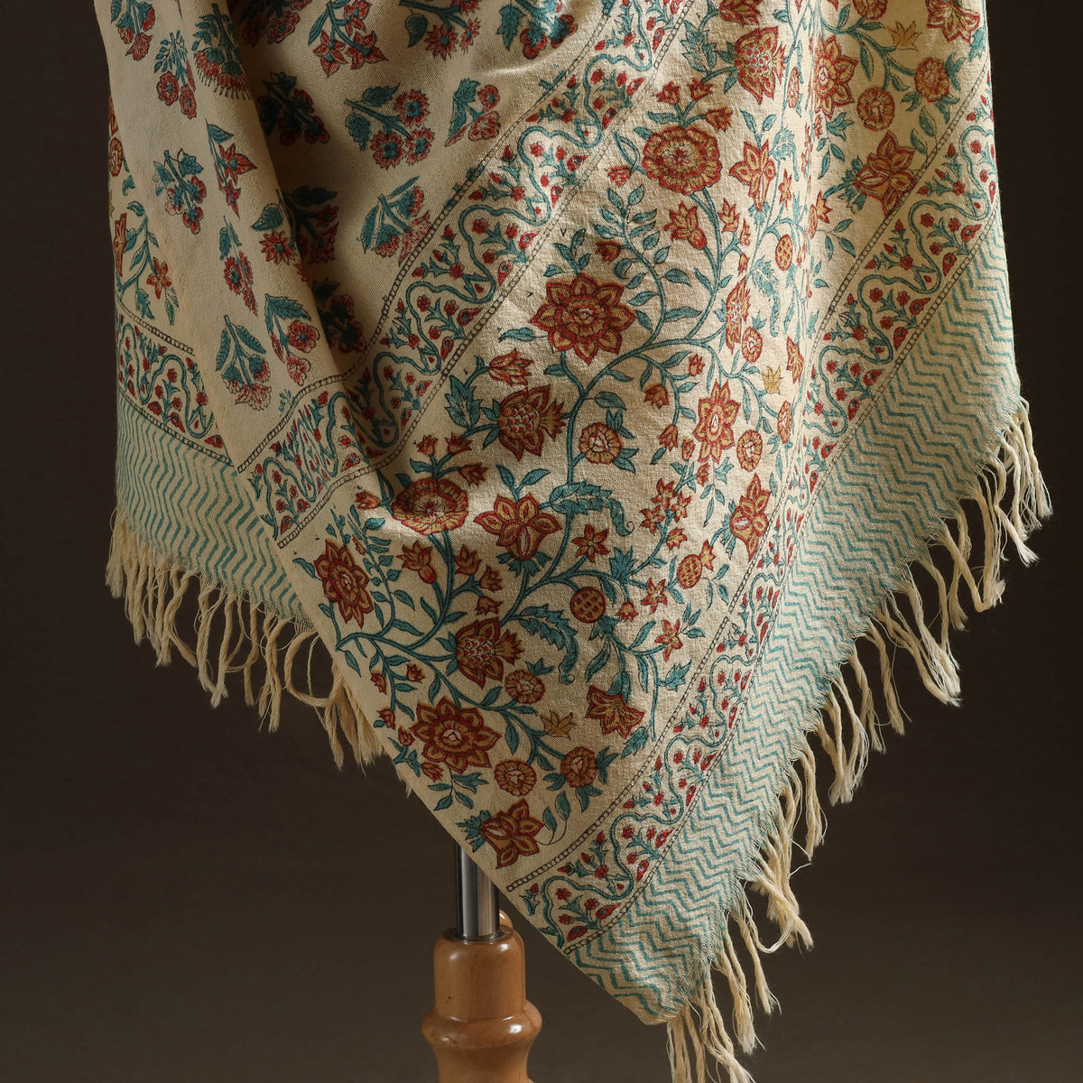 Floral Sanganeri Print Pure Merino Wool Handwoven Shawl 75