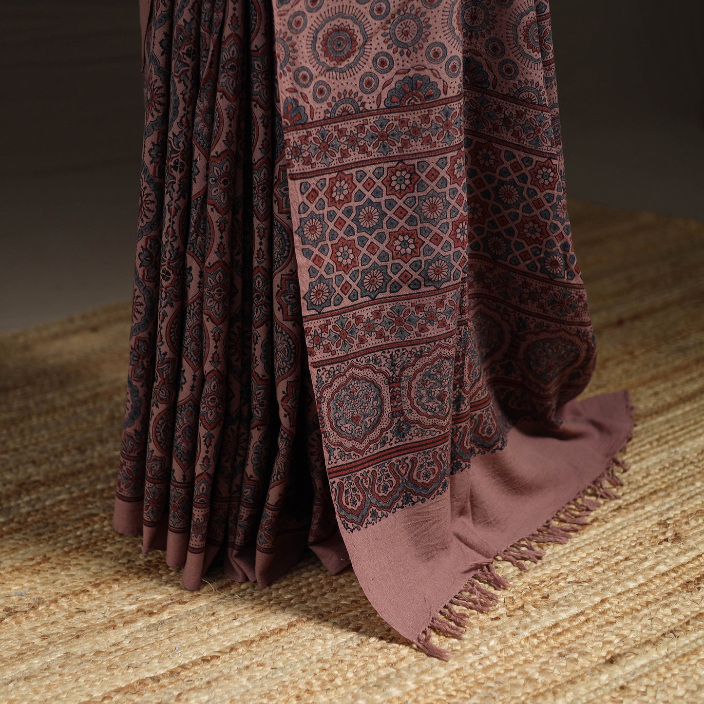 Brown - Handwoven Merino Wool Natural Dyed Hand Block Print Ajrakh Saree 02