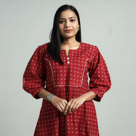 Red - Maroon - Pochampally Double Ikat Cotton Flared Dress