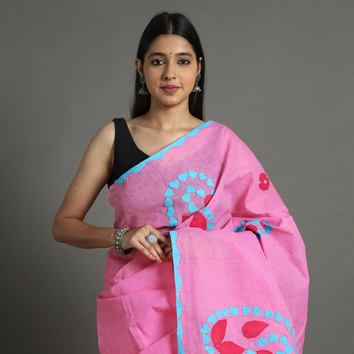 Pink - Applique Patti Kaam Pure Cotton Saree from Rampur 24