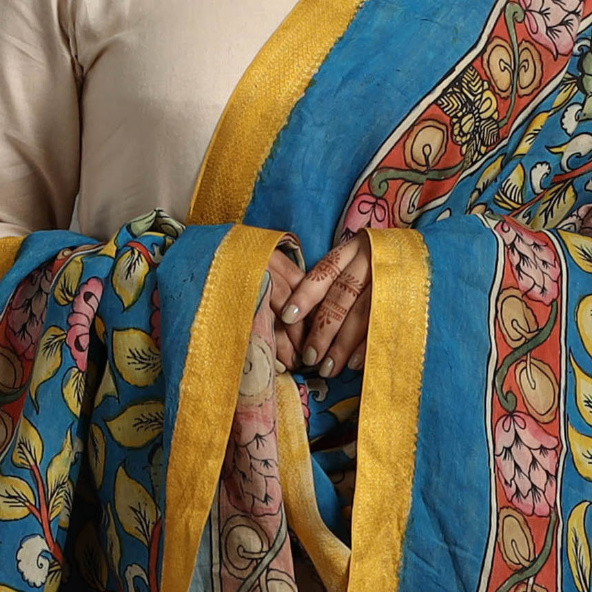 Blue - Chanderi Silk Srikalahasti Handpainted Pen Kalamkari Dupatta 02