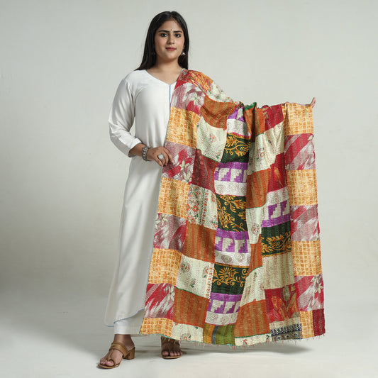 Multicolor - Bengal Kantha Embroidery Patchwork Reversible Silk Dupatta 20