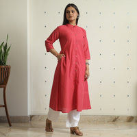 Red - Jacquard Weave Cotton A-Line Kurta 07