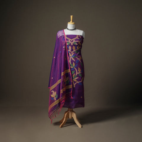 Purple - Jamdani Pure Handloom Muslin Unstitched Dress Material: Kurta with Dupatta 24
