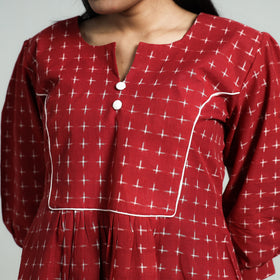 Red - Maroon - Pochampally Double Ikat Cotton Flared Dress