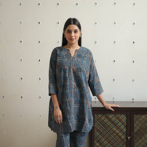 Blue - Block Printed Cotton Ajrakh Co-ord Set 04