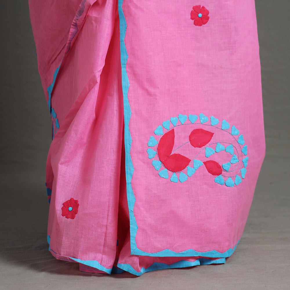 Pink - Applique Patti Kaam Pure Cotton Saree from Rampur 24