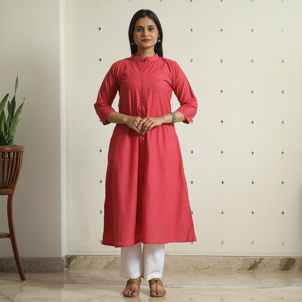 Red - Jacquard Weave Cotton A-Line Kurta 07