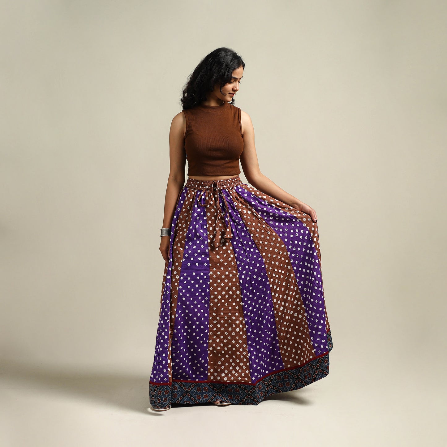 Multicolor - Bandhani Tie-Dye 24 Kali Patchwork Cotton Long Skirt 11