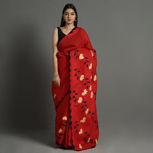 Red - Applique Patti Kaam Pure Cotton Saree from Rampur 18