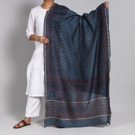Blue - Bagh Block Printed Chanderi Silk Handloom Dupatta