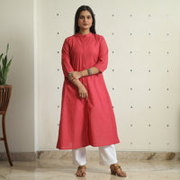 Red - Jacquard Weave Cotton A-Line Kurta 07